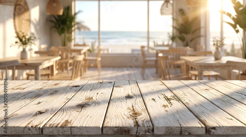 Rustic wood table coastal cafe with ocean view and sunny beach background for summer vacation product mockup
