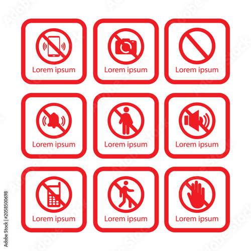 Red Stop Sign and Warning Security Icon Set Featuring Hand Gestures Prohibited Symbols, prohibition signsncollection vector illustration, red prohibition icons set safety information
