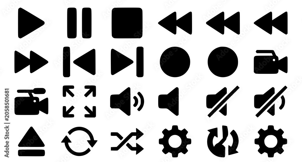 Fototapeta premium Media Player Control Icons Vector Silhouette Set with Play Pause Stop and Video Symbols