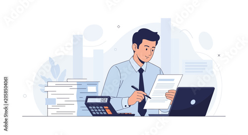 Accountant Working at Desk with Laptop, Calculator, and Documents | Business and Finance Illustration