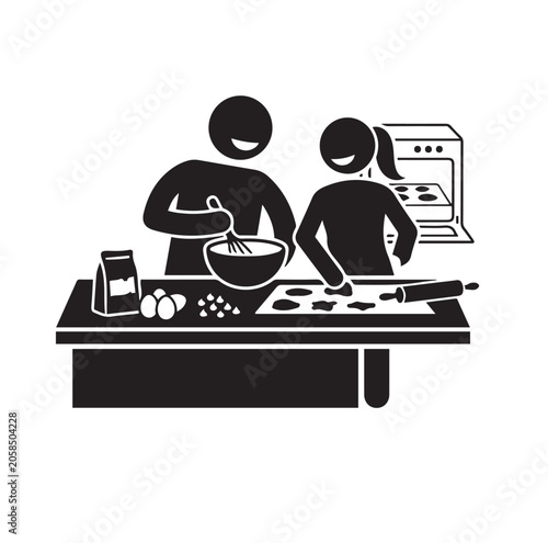 A glyph-style silhouette icon depicting two people baking cookies together in a kitchen. The illustration shows activities such as mixing batter, shaping cookie dough, and baking using an oven. 