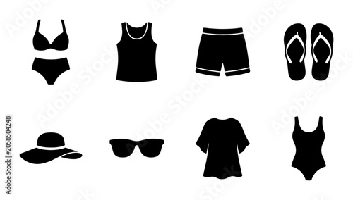 Summer Beachwear Icons Set, Vacation Clothing Vector Graphics, Casual Apparel Collection, Travel Essentials Silhouette