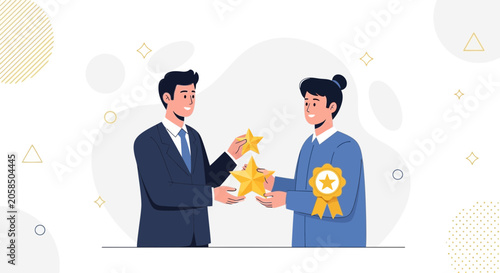 Business people exchanging stars and award ribbon, symbolizing achievement, recognition, and excellent customer feedback.