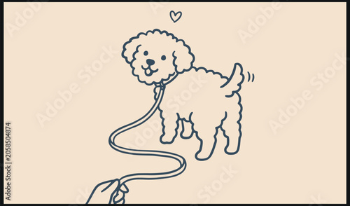 Foto Fluffy dog illustration with leash and wagging tail in cheerful minimalist style
