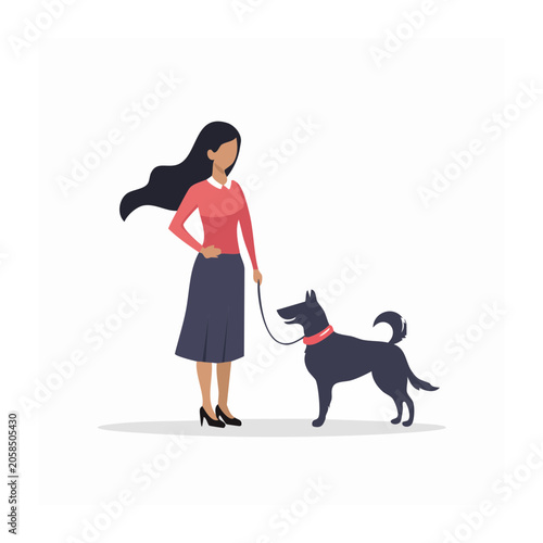 Woman walking a dog on a leash in flat design