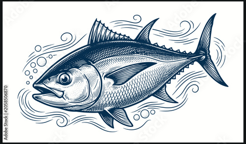 Canvastavla Artistic tuna fish illustration with water swirls and bubbles in decorative mari