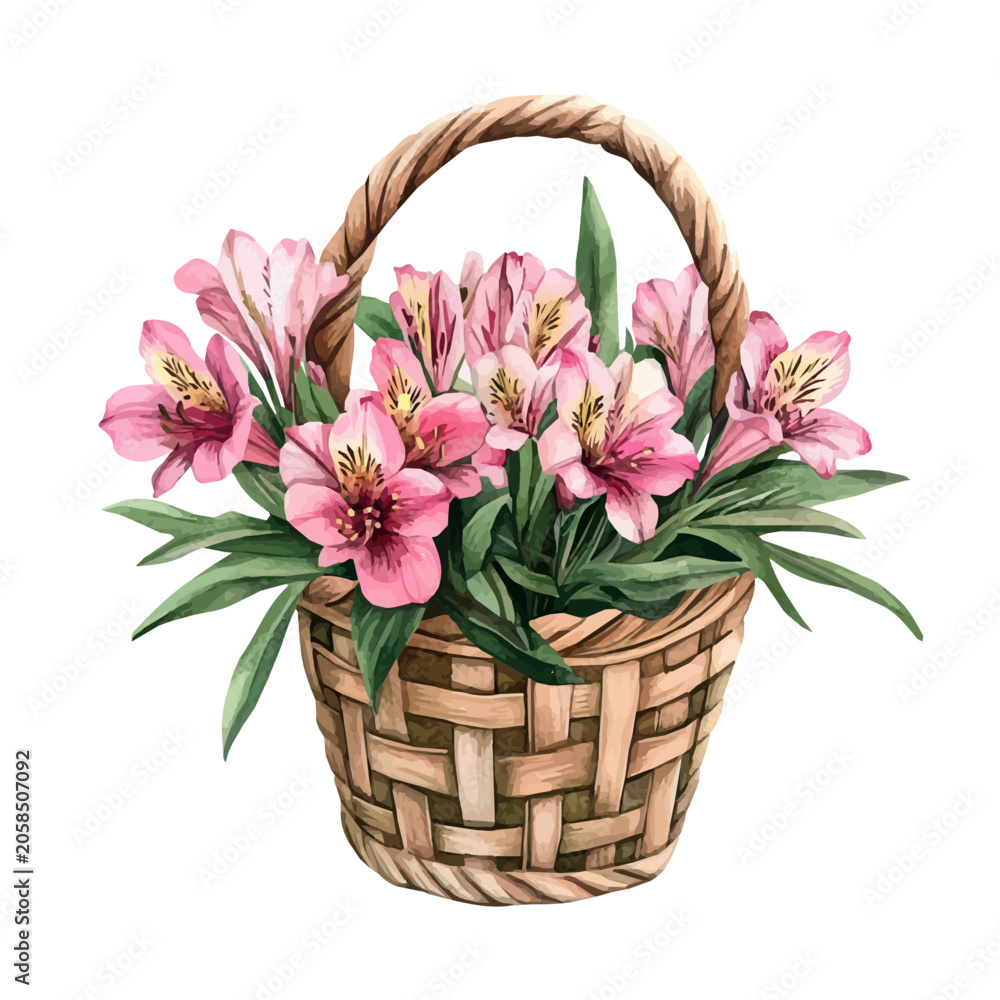 Obraz premium Alstroemeria Flower Basket, elegant watercolor vector illustration, isolated on a white background.