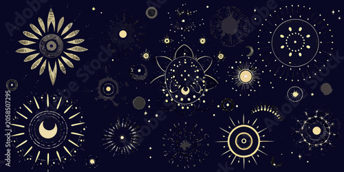 Φωτογραφία Celestial Symbols And Stars Golden Vector Illustration On Dark Background
