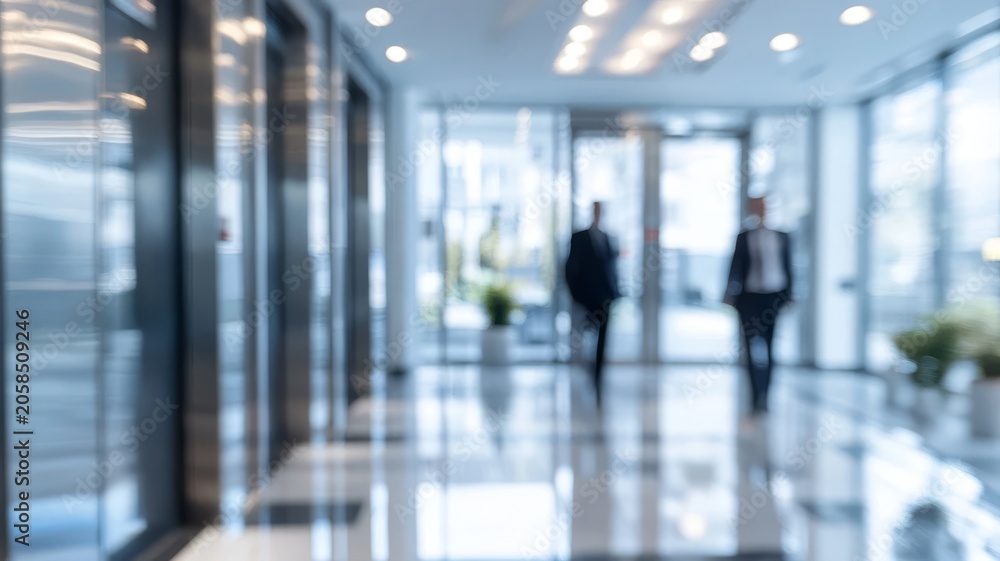 Fototapeta premium Blurred business office hallway with professionals walking in modern corporate interior architecture design concept.