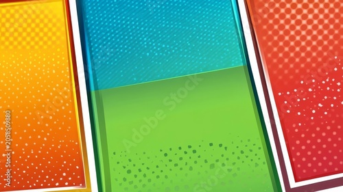 Vibrant comic book style colorful background panels with halftone texture patterns for graphic design projects.