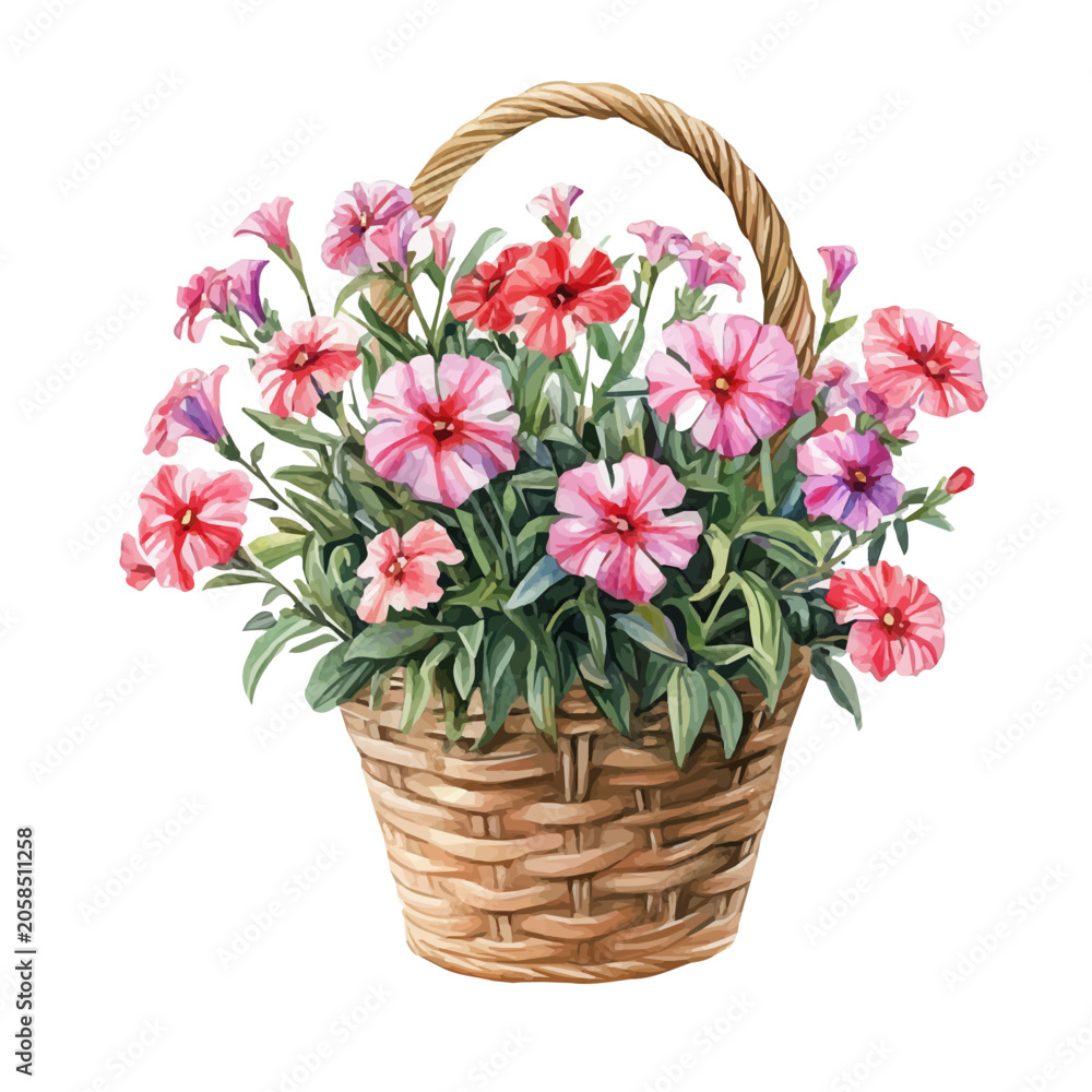 Obraz premium Hand-drawn watercolor artwork of Sweet William Flower Basket, vector, isolated on a white background.
