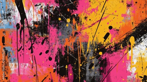 Abstract expressionist painting with bold splatters of pink orange and black paint on textured canvas for modern interior design decoration.