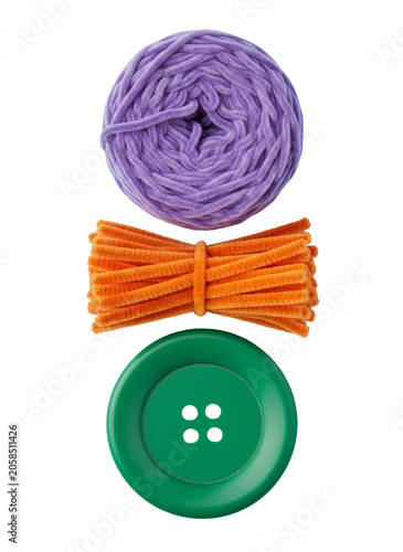Colorful Sewing and Craft Supplies Set with Yarn, Pipe Cleaners and Button Isolated on Transparent Background