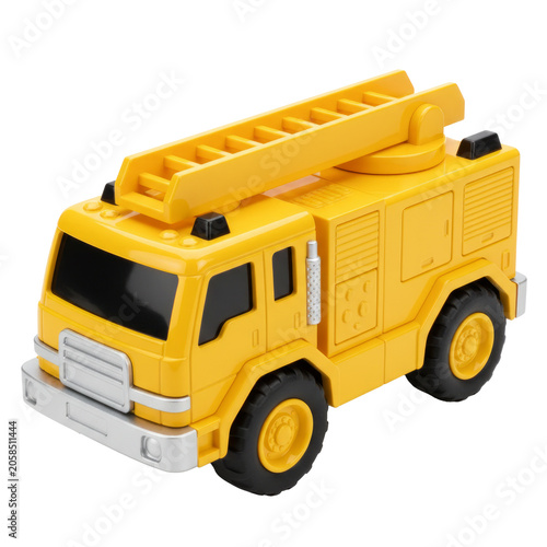 Yellow Fire Truck Toy with Ladder Isolated on Transparent Background, 3D Plastic Emergency Vehicle