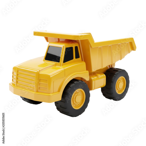 Glossy Yellow Dump Truck Toy Isolated on Transparent Background, 3D Construction Vehicle Illustration