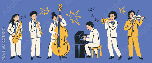 Photography Music band, people with instruments like saxophone, flute, contrabass, piano, tuba, violin