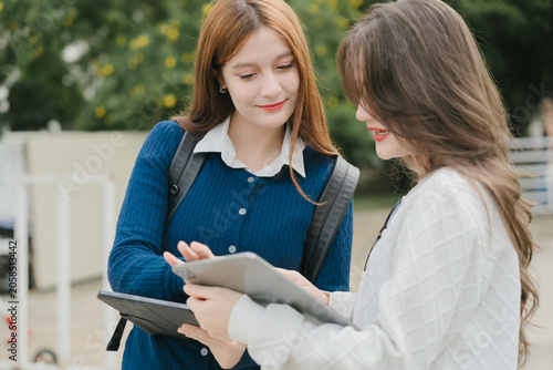 Konstfotografi Student woman tablet campus backpack education friendship teamwork, young adult