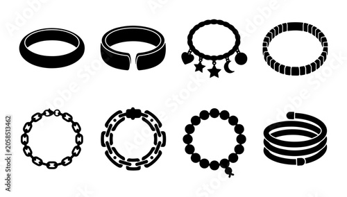 Fotografija Jewelry Icons: Rings, Bracelets, Charms, Bangles, 8 Vector Elements