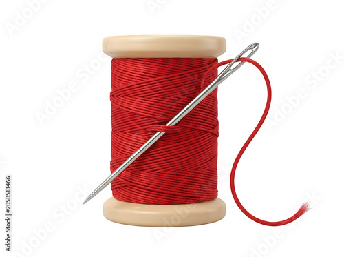 Wooden spool with red thread and metallic sewing needle 3d illustration on transparent background.
