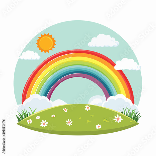 Cartoon Rainbow with Sun and Clouds over Grassy Hill