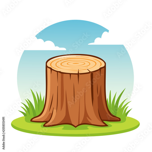 Cartoon tree stump in grass with sky and clouds