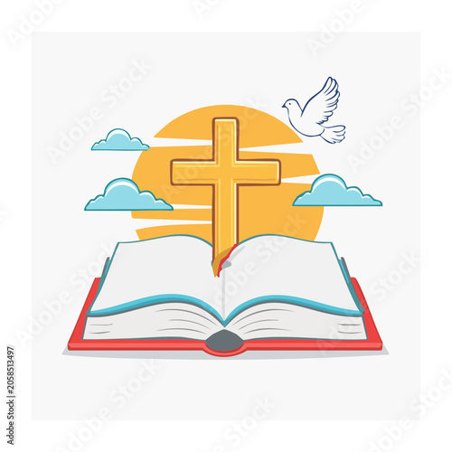 Christian cross and open bible with dove and sun