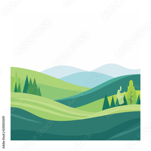 Flat color landscape with mountains and valley