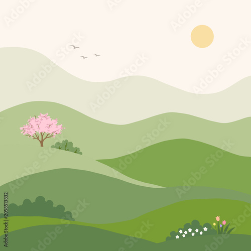 Minimalist Spring Landscape with Green Hills and Blossom Tree Background