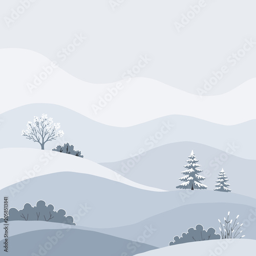 Minimalist Winter Landscape with Snowy Hills and Pine Trees Background