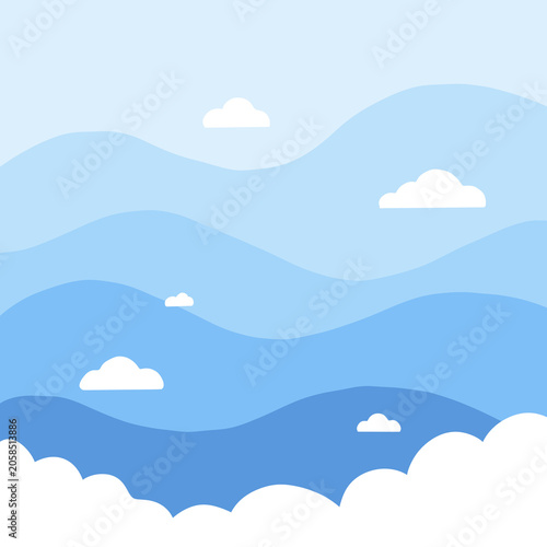 Blue Minimalist Sky Layered Hills and Clouds PNG Background
