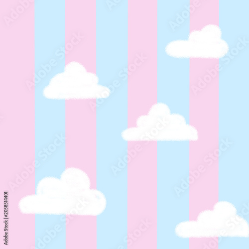 Cute Pastel Pink and Blue Stripes with Clouds Seamless Pattern PNG