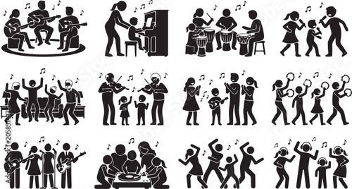 Foto Set of stick figures depicting people playing various musical instruments and da