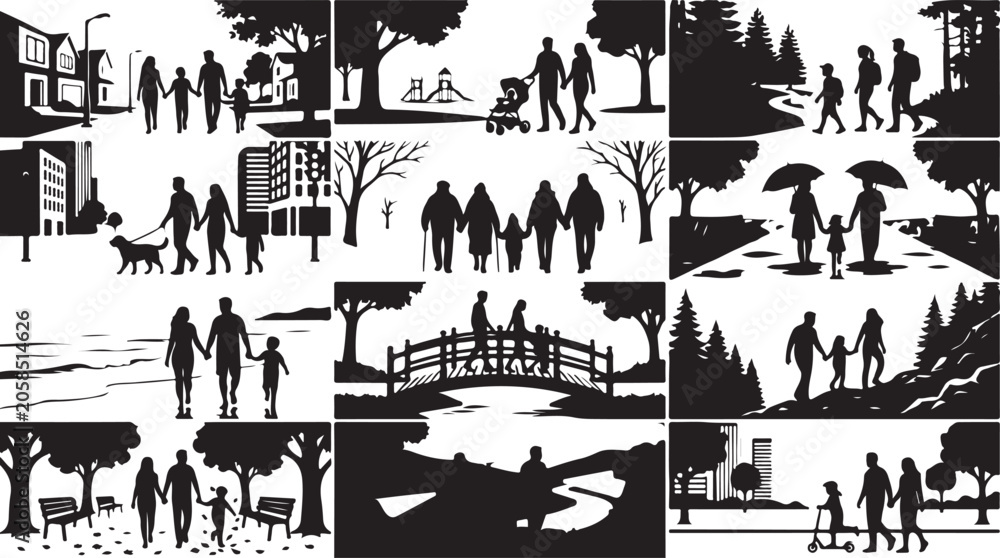 Fototapeta premium Set of silhouettes of families walking in different locations, city, park, forest, beach, and bridge