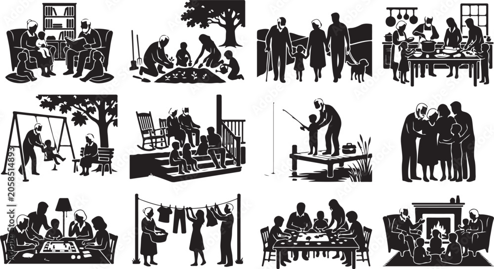 Obraz premium Set of black and white silhouettes depicting various family activities and multigenerational bonding moments