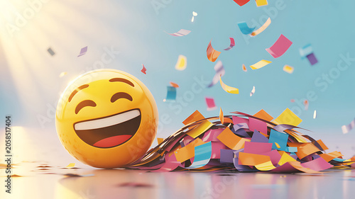 A 3d rendering of a laughing emoji with confetti and colorful pieces of paper flying around it on a sunny day