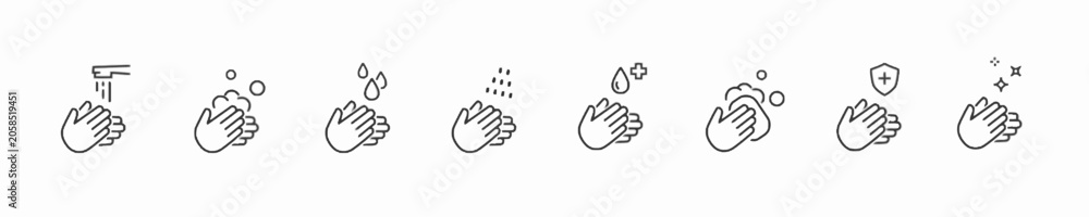 Fototapeta premium Hand washing icon set, hygiene steps with soap and water for health