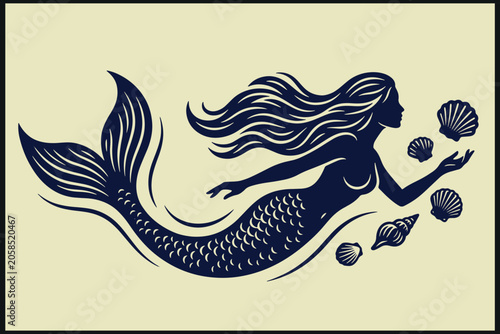 Graceful mermaid silhouette swimming with seashells in stylized blue line art