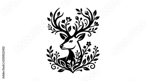 Elegant Deer Silhouette with Floral Antlers and Botanical Elements
