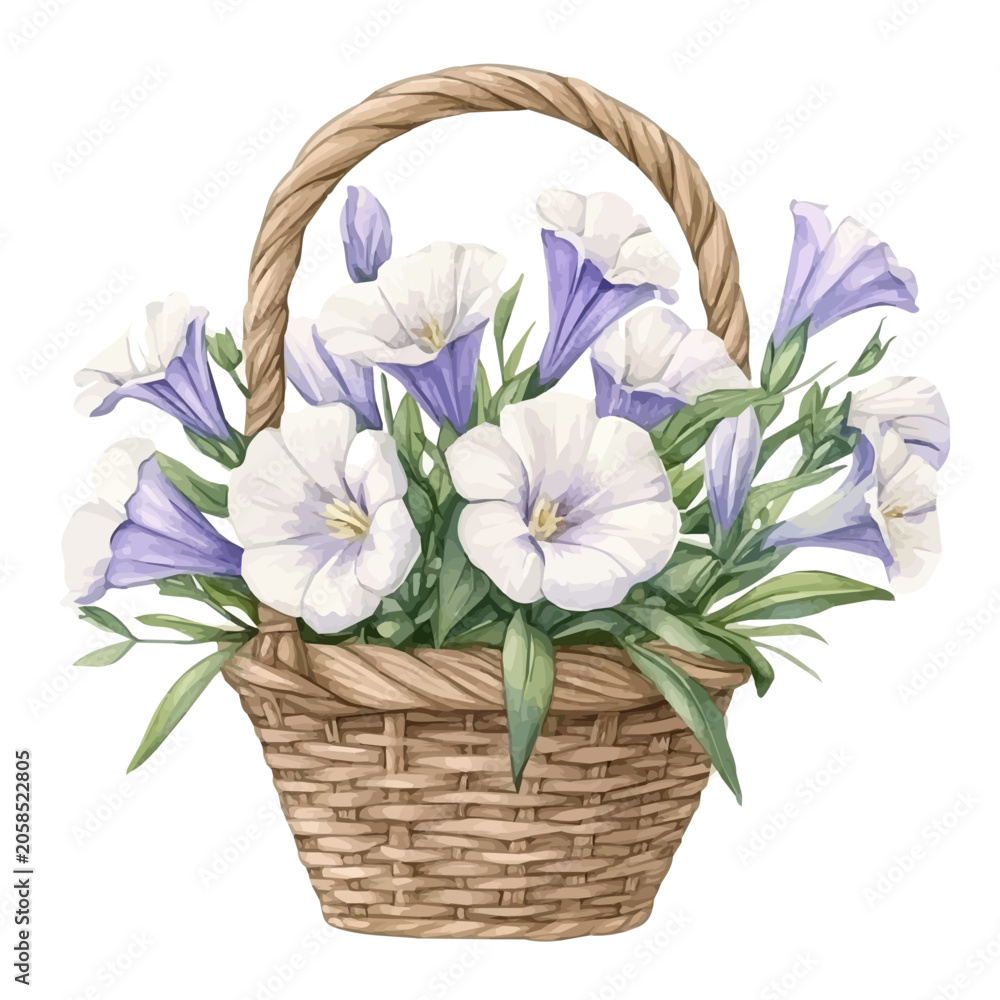 Obraz premium Watercolor vector illustration of Lisianthus Flower Basket, isolated on a white background.