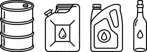 Foto Industrial liquid and fuel container line icon set featuring barrel metal jerryc