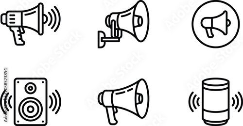 Megaphone and audio speaker line icon set featuring public announcement horn broadcasting warning sound and smart speaker elements