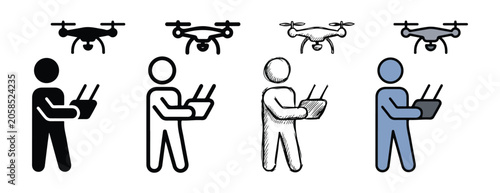 Photos drone operator icons representing aerial photography and videography control wit