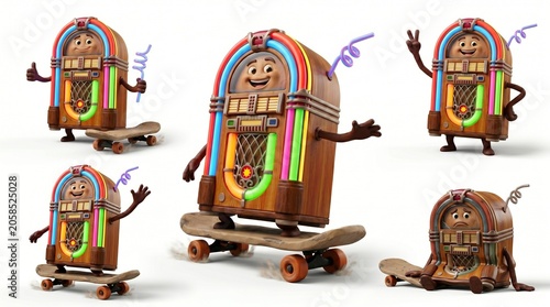 Skateboarding Jukebox Character Sheet Riding Turn Thumbs Up Crushed Peace Sign Waving

