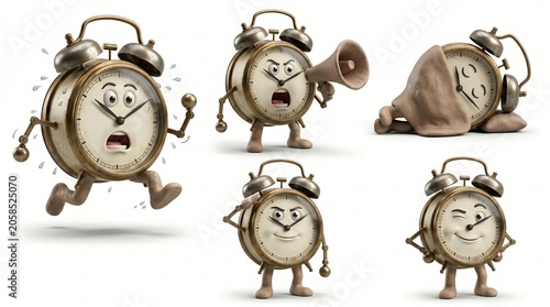 Vintage Wind-Up Alarm Clock Character Sheet Running, Shouting, Sleeping, Saluting, Winking

