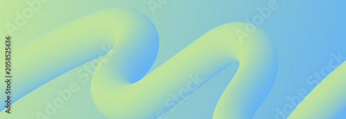 Abstract background with 3d dynamic fluid flowing curved tube shape in soft pastel lime green and light blue gradient.