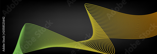 Dark abstract background with dynamic flowing wavy lines in green and orange gradient color transition on black backdrop vector.