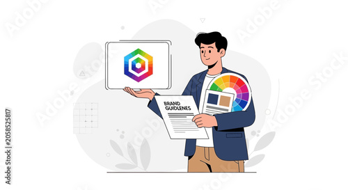 Graphic designer presenting brand identity guidelines with color palette and logo on tablet