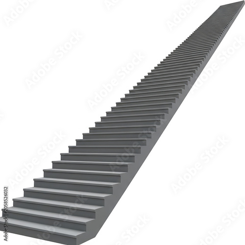 A long grey staircase viewed from a high angle perspective showing many steps going upwards isolated on transparent background