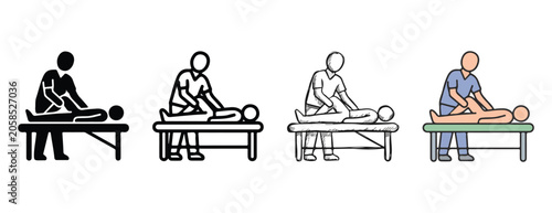 Diverse icons depict a person receiving a massage or physiotherapy treatment from a practitioner on a massage table illustrating wellness and healthcare concepts in various 