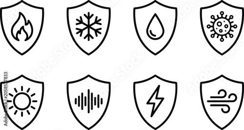 Shield protection line icon set featuring fire waterproof frost virus sun sound electricity and wind resistance property symbols